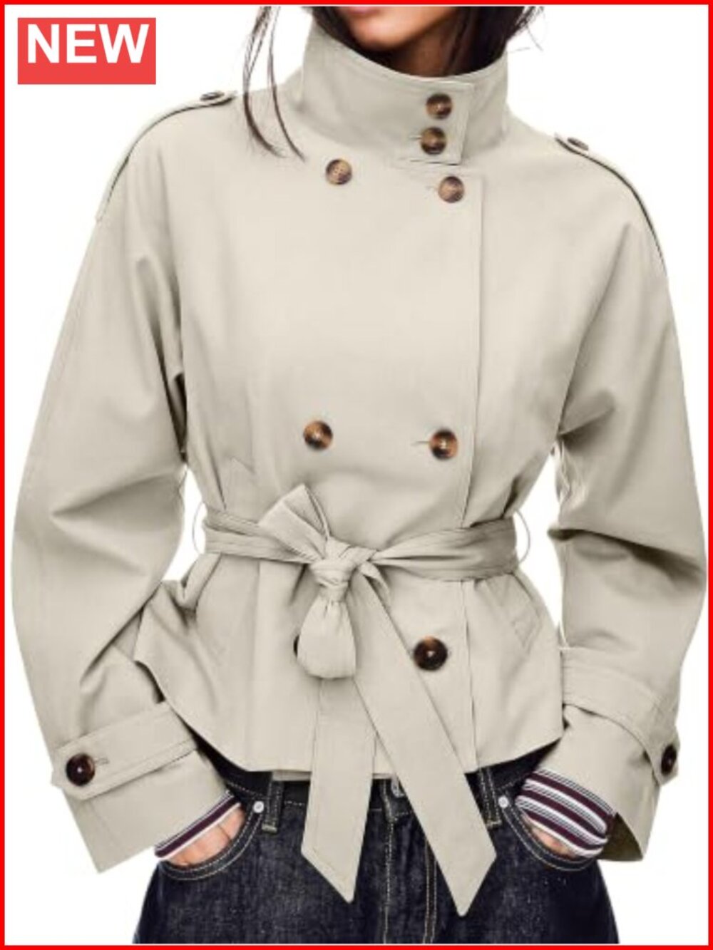 Cropped Trench Coat Double Breasted High Collar Short Jacket Women's